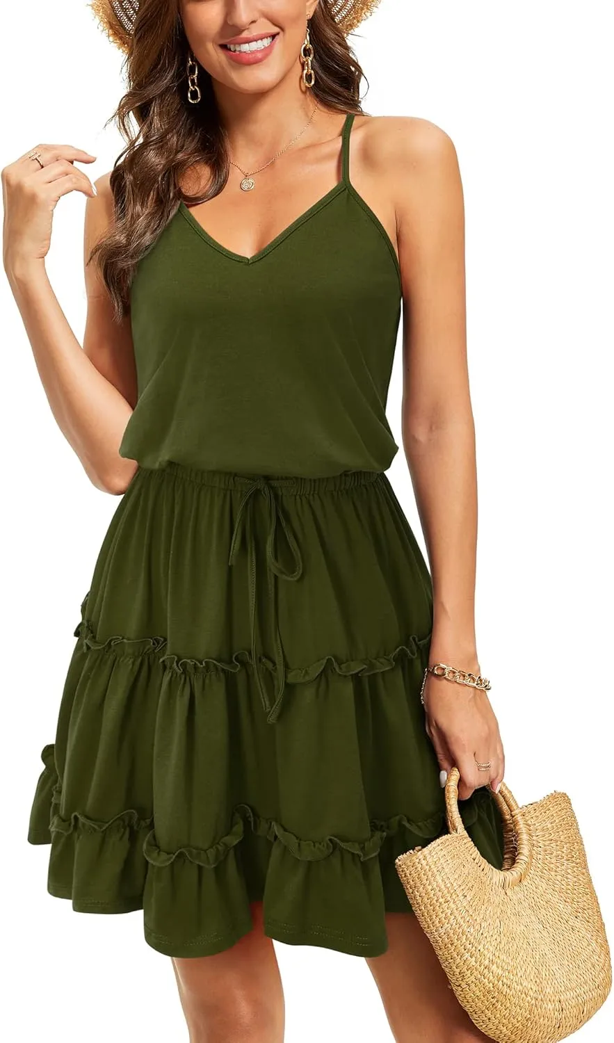 Newshows Women's 2025 Summer Dress Spaghetti Strap Casual Boho Beach Vacation Outfits Drawstring Ruffle Hem Sundress Trendy