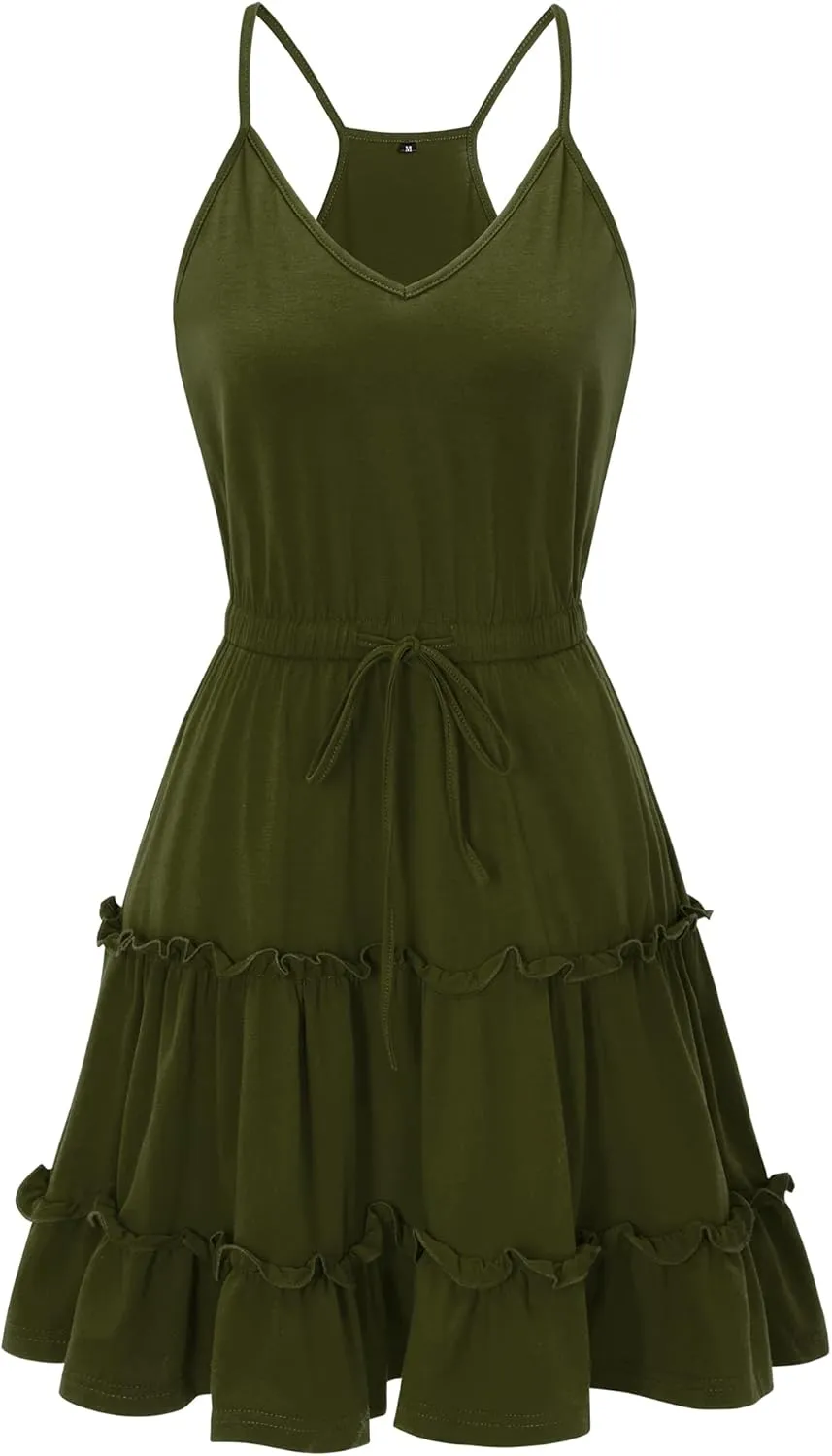 Newshows Women's 2025 Summer Dress Spaghetti Strap Casual Boho Beach Vacation Outfits Drawstring Ruffle Hem Sundress Trendy
