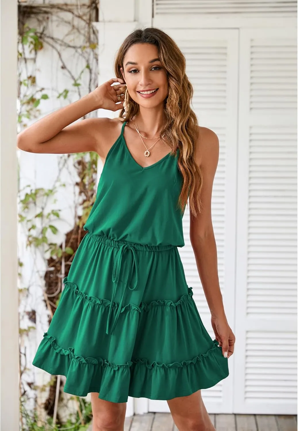 Newshows Women's 2025 Summer Dress Spaghetti Strap Casual Boho Beach Vacation Outfits Drawstring Ruffle Hem Sundress Trendy