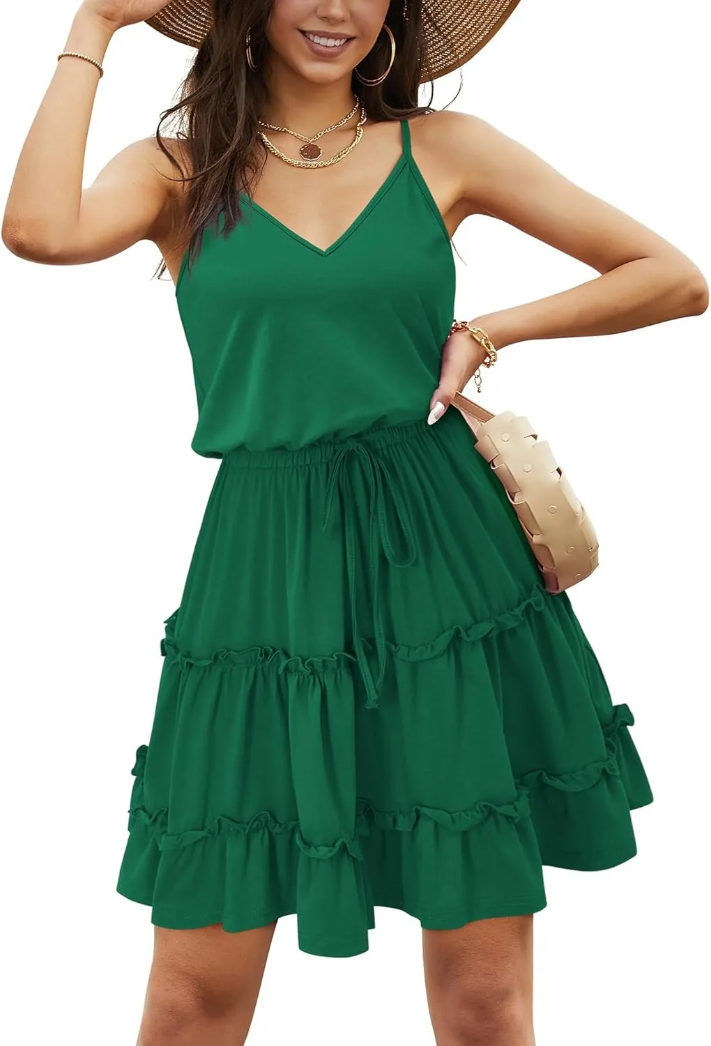 Newshows Women's 2025 Summer Dress Spaghetti Strap Casual Boho Beach Vacation Outfits Drawstring Ruffle Hem Sundress Trendy