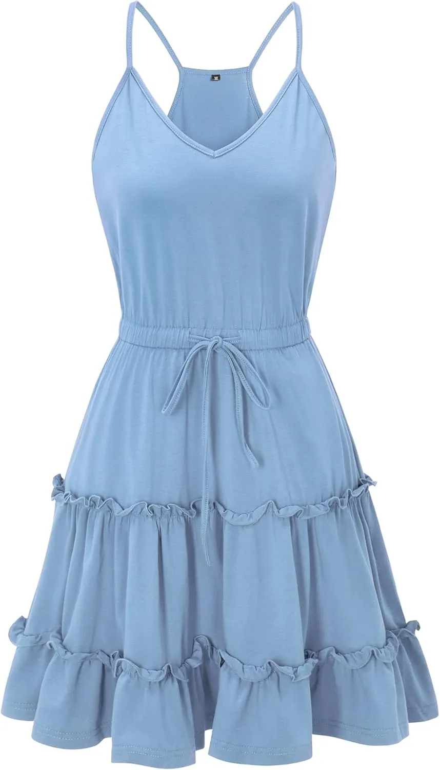 Newshows Women's 2025 Summer Dress Spaghetti Strap Casual Boho Beach Vacation Outfits Drawstring Ruffle Hem Sundress Trendy