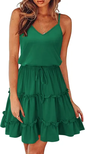 Newshows Women's 2025 Summer Dress Spaghetti Strap Casual Boho Beach Vacation Outfits Drawstring Ruffle Hem Sundress Trendy