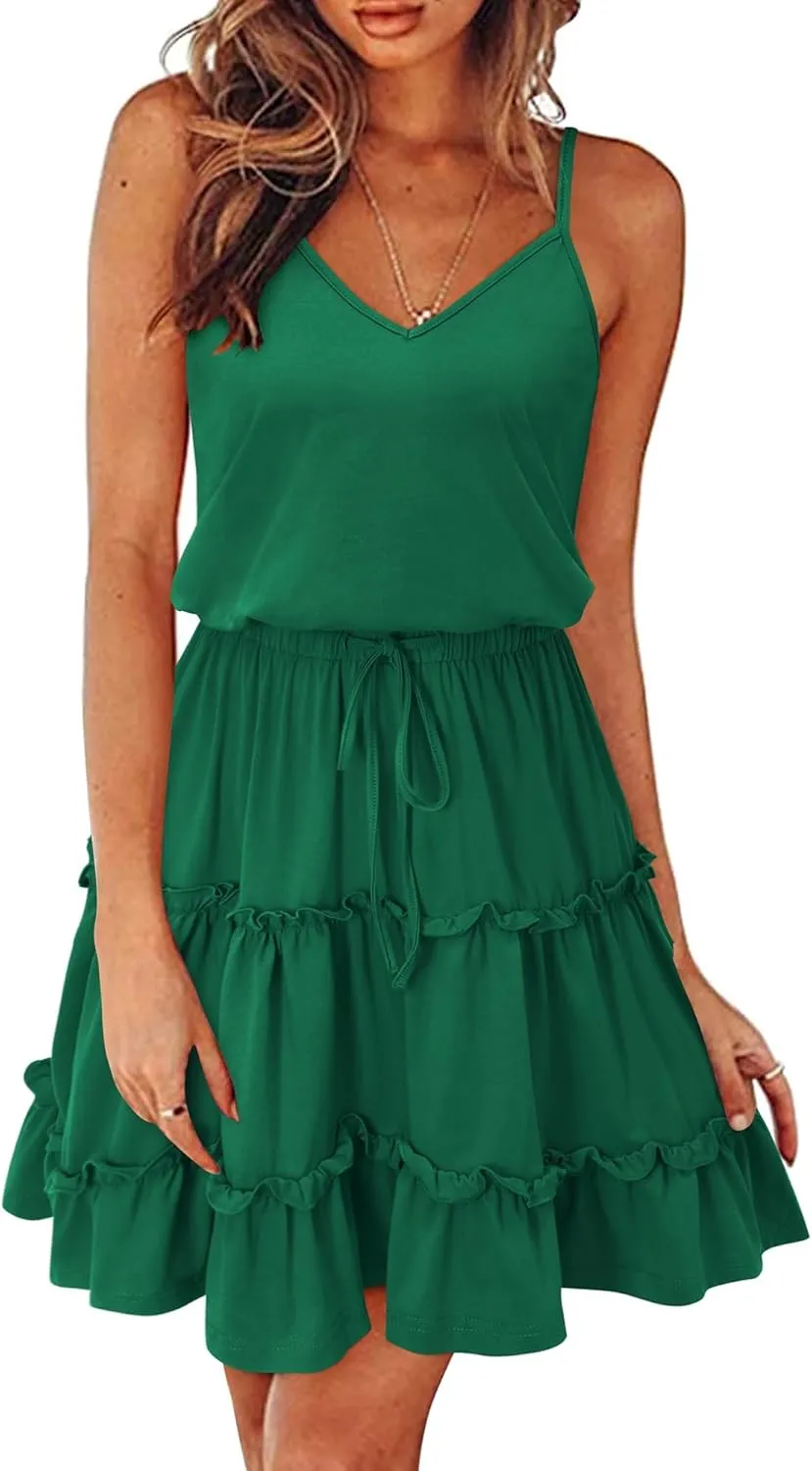 Newshows Women's 2025 Summer Dress Spaghetti Strap Casual Boho Beach Vacation Outfits Drawstring Ruffle Hem Sundress Trendy
