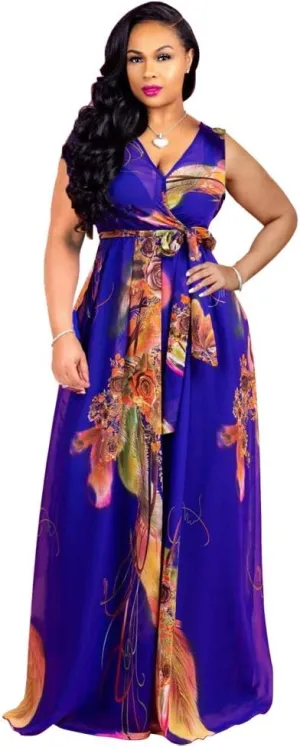 Nuofengkudu Womens Chiffon Deep V-Neck Stripe Printed Maxi Dress Unique Loose Summer Boho Dresses High Waiste(S-5XL)