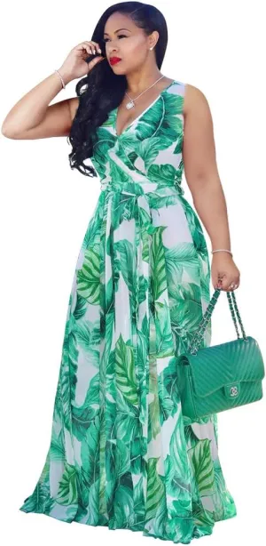 Nuofengkudu Womens Chiffon Deep V-Neck Stripe Printed Maxi Dress Unique Loose Summer Boho Dresses High Waiste(S-5XL)