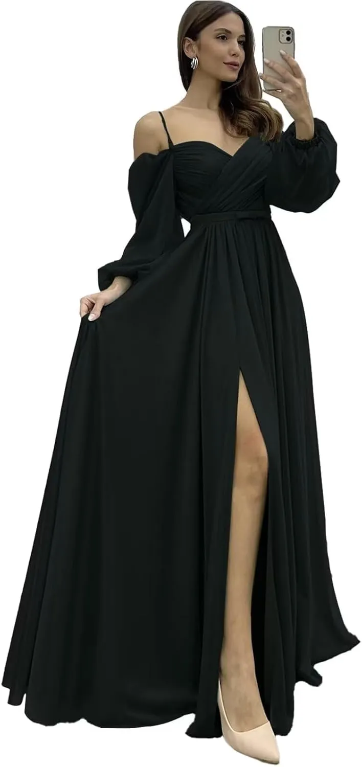 Off Shoulder Long Sleeve Bridesmaid Dresses Chiffon Spaghetti Strap Formal Evening Gown Split Ruched Wedding Guest Dress