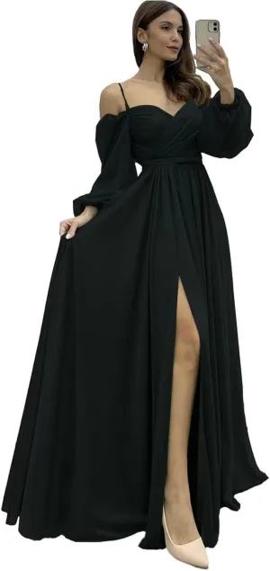 Off Shoulder Long Sleeve Bridesmaid Dresses Chiffon Spaghetti Strap Formal Evening Gown Split Ruched Wedding Guest Dress