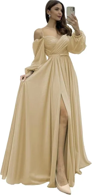 Off Shoulder Long Sleeve Bridesmaid Dresses Chiffon Spaghetti Strap Formal Evening Gown Split Ruched Wedding Guest Dress