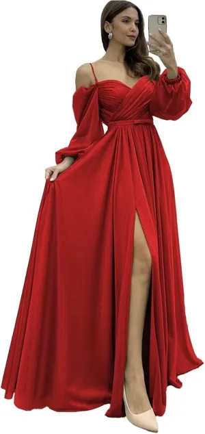 Off Shoulder Long Sleeve Bridesmaid Dresses Chiffon Spaghetti Strap Formal Evening Gown Split Ruched Wedding Guest Dress