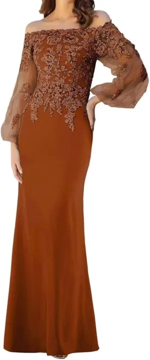 Off Shoulder Mother of The Bride Dress for Wedding Laces Chiffon Evening Gowns with Sleeves
