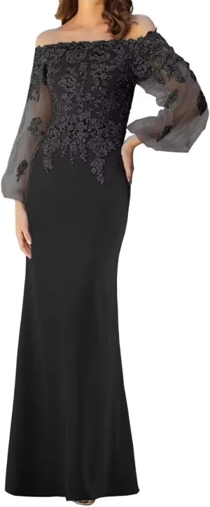 Off Shoulder Mother of The Bride Dress for Wedding Laces Chiffon Evening Gowns with Sleeves