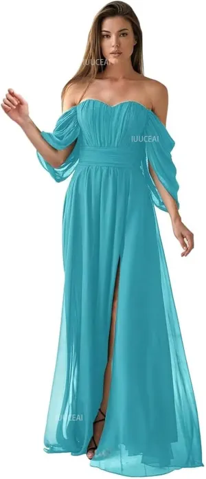 Off The Shoulder Chiffon Bridesmaid Dresses for Women with Slit 2025 A-Line Ruched Formal Prom Long Evening Dress