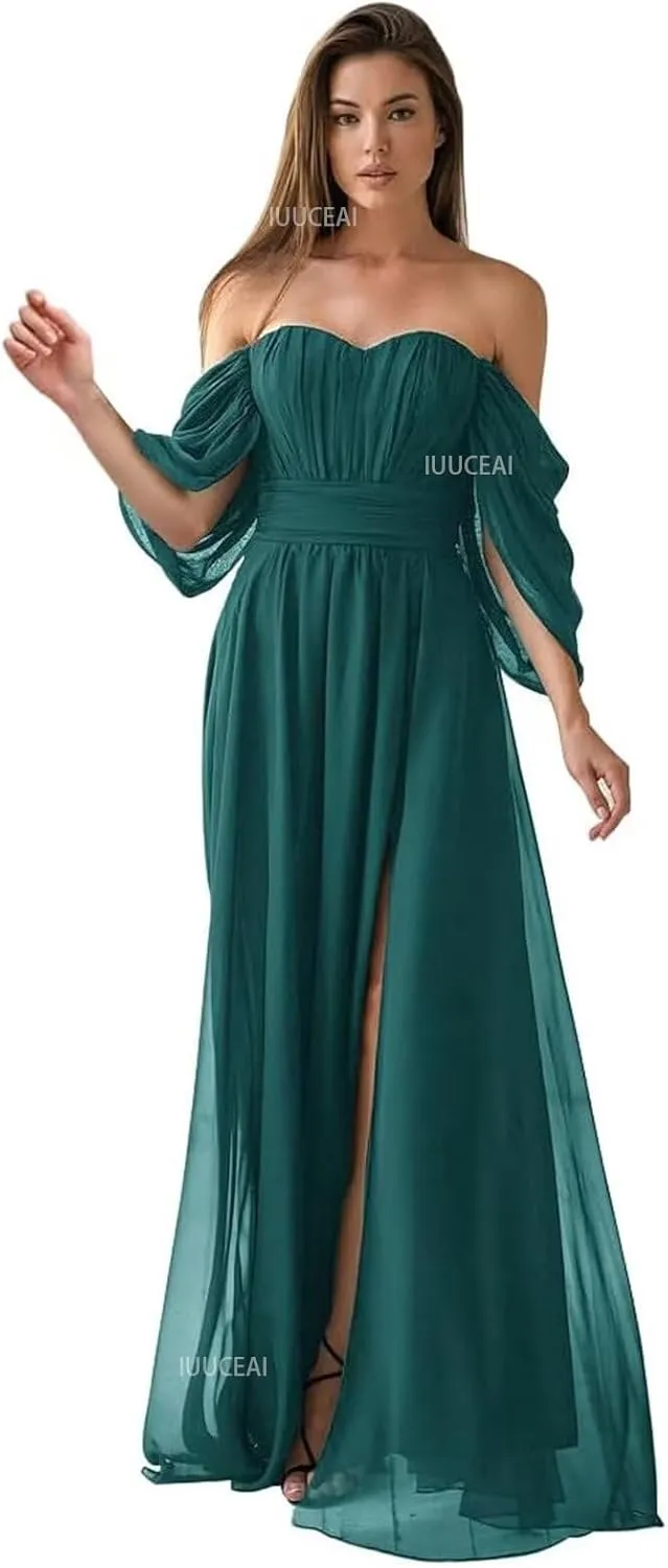Off The Shoulder Chiffon Bridesmaid Dresses for Women with Slit 2025 A-Line Ruched Formal Prom Long Evening Dress