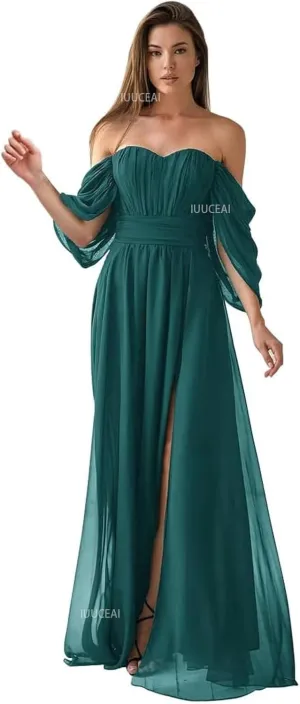 Off The Shoulder Chiffon Bridesmaid Dresses for Women with Slit 2025 A-Line Ruched Formal Prom Long Evening Dress