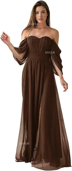 Off The Shoulder Chiffon Bridesmaid Dresses for Women with Slit 2025 A-Line Ruched Formal Prom Long Evening Dress