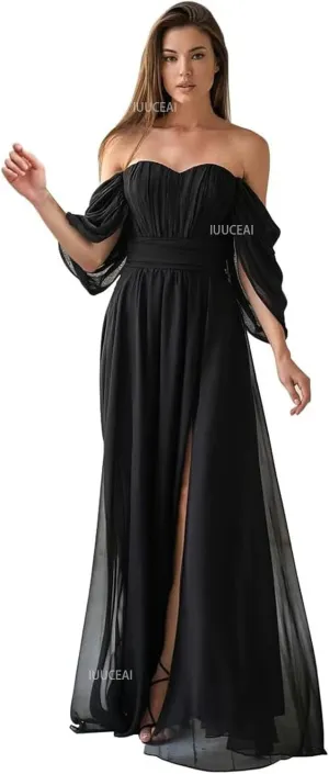 Off The Shoulder Chiffon Bridesmaid Dresses for Women with Slit 2025 A-Line Ruched Formal Prom Long Evening Dress