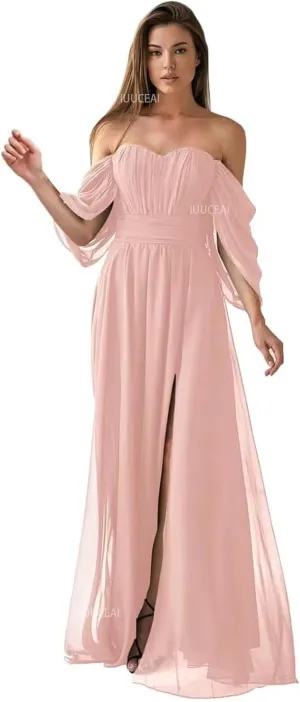 Off The Shoulder Chiffon Bridesmaid Dresses for Women with Slit 2025 A-Line Ruched Formal Prom Long Evening Dress
