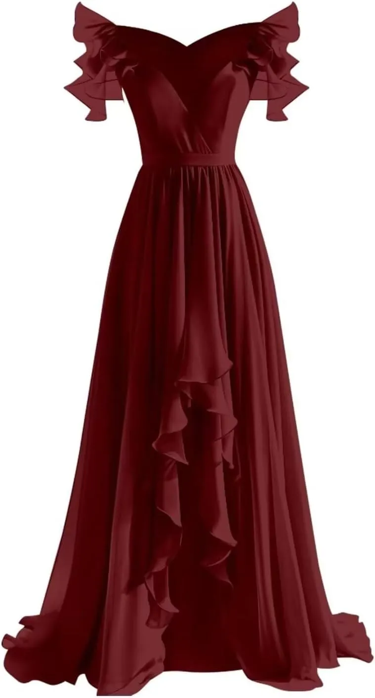 Off The Shoulder High Low Bridesmaid Dresses for Wedding Ruffles Chiffon Maxi Formal Evening Party Gown 2024