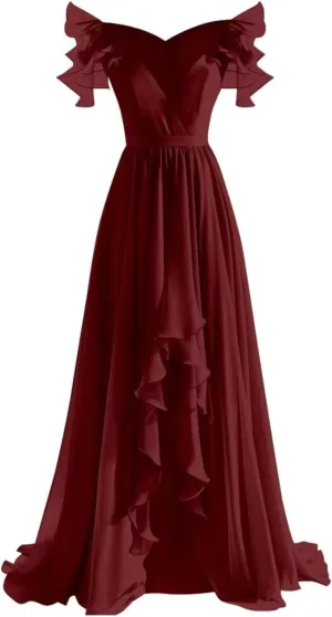 Off The Shoulder High Low Bridesmaid Dresses for Wedding Ruffles Chiffon Maxi Formal Evening Party Gown 2024