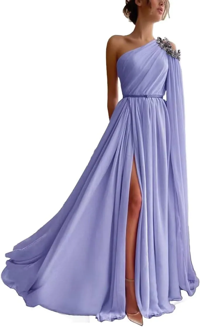 One Shoulder Beaded Bridesmaid Dresses Long Sexy Chiffon Side Split A-Line Pleated Prom Formal Dresses with Belt