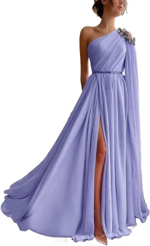 One Shoulder Beaded Bridesmaid Dresses Long Sexy Chiffon Side Split A-Line Pleated Prom Formal Dresses with Belt