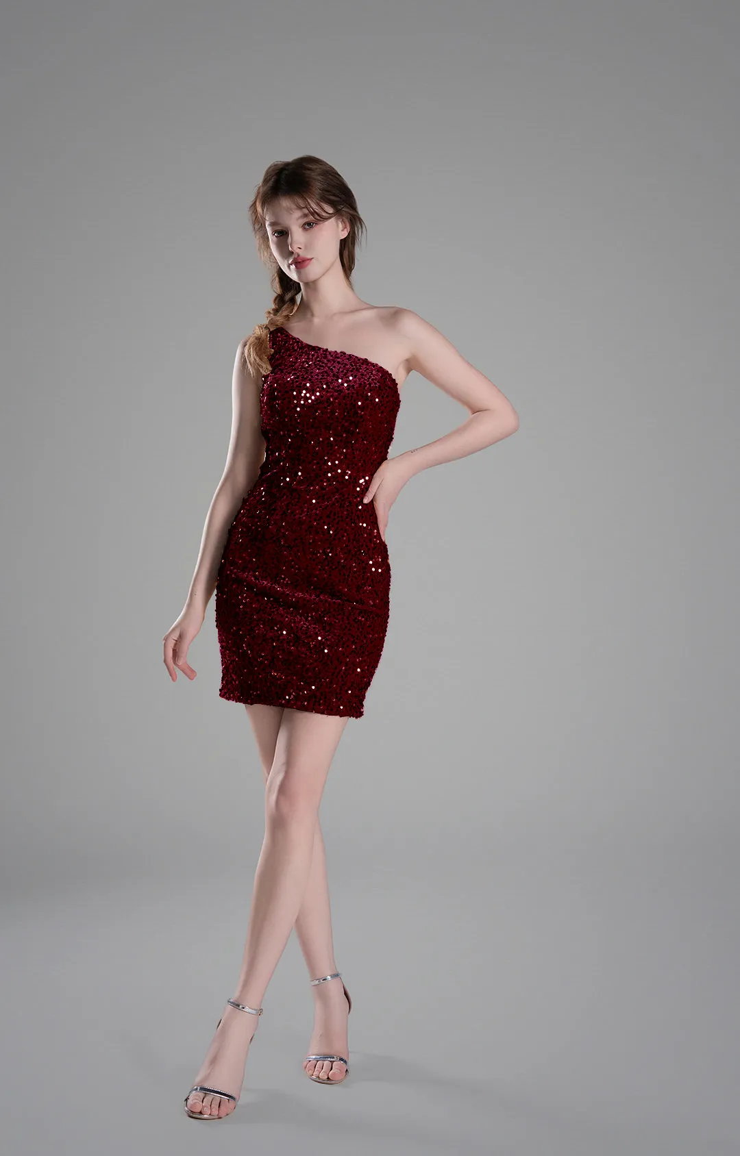 One-Shoulder Fitted Bodice Sequins Dresses