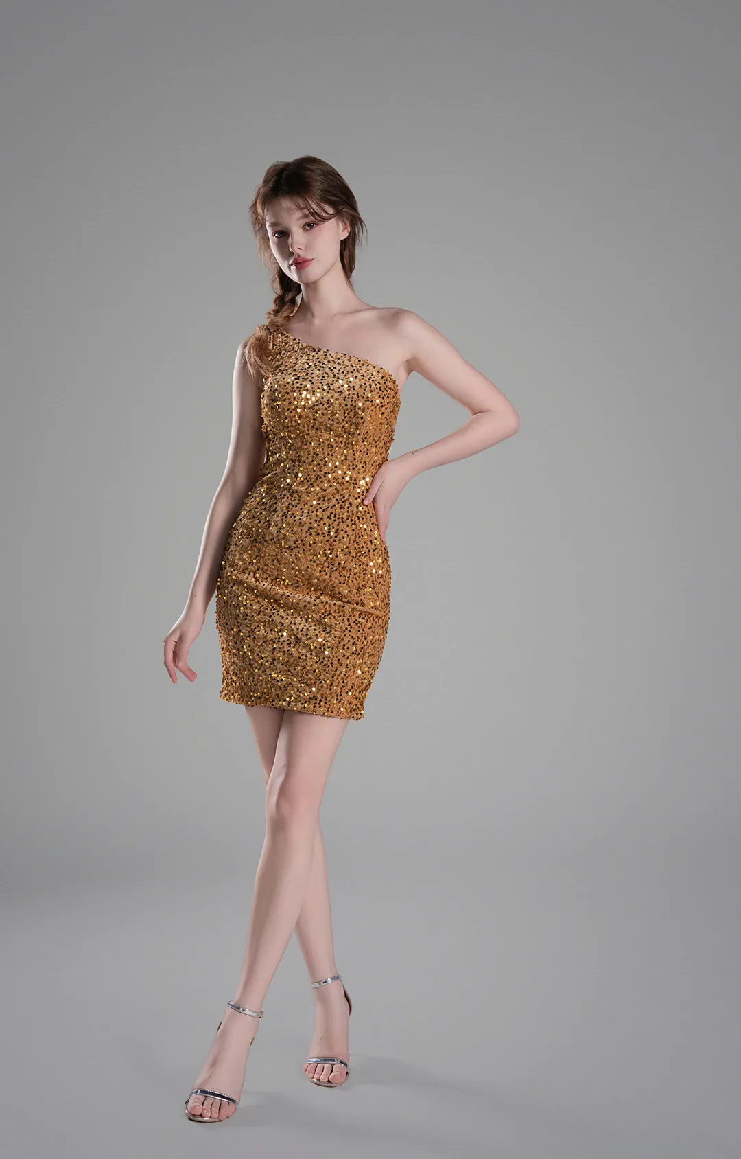 One-Shoulder Fitted Bodice Sequins Dresses