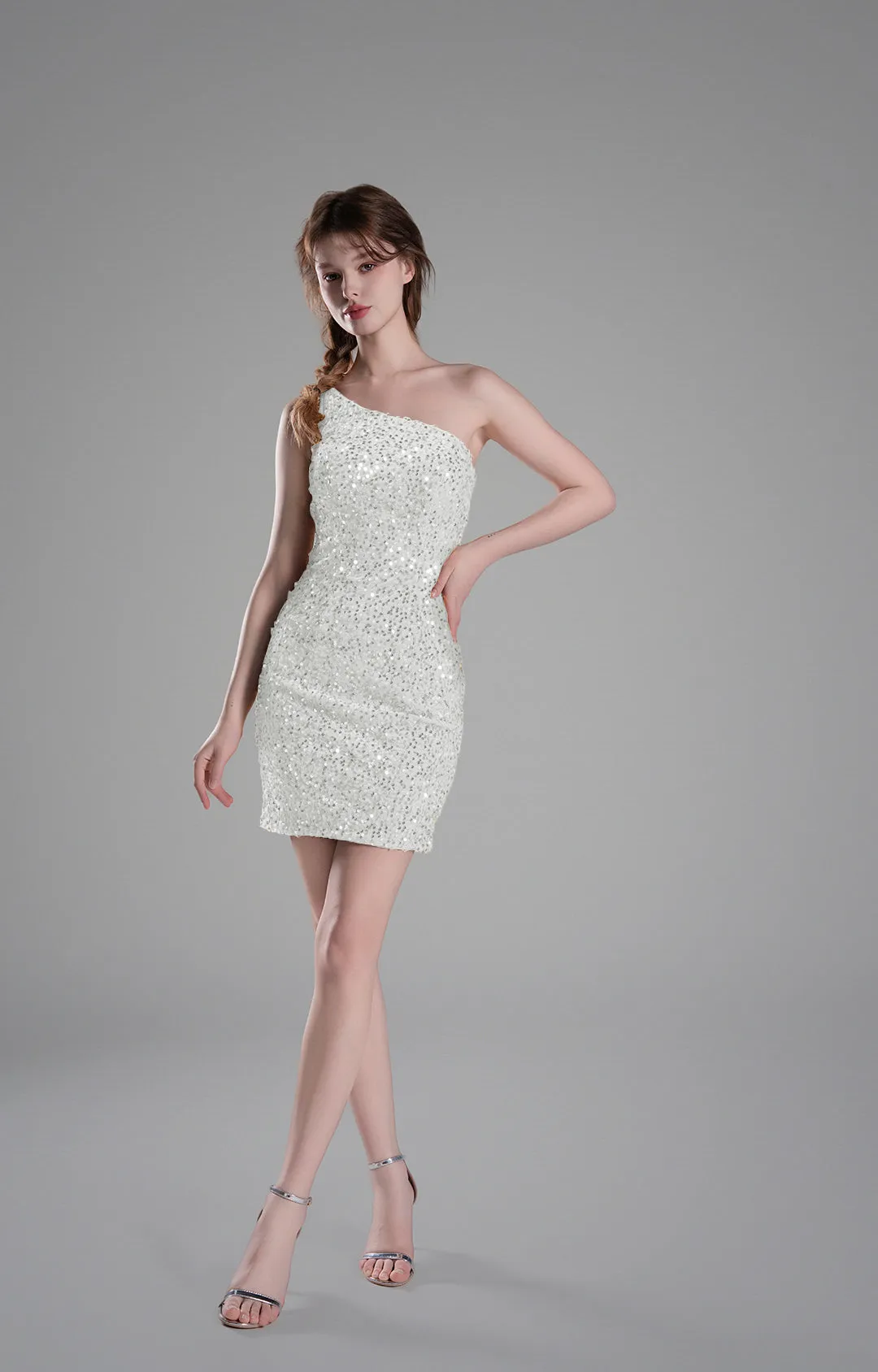One-Shoulder Fitted Bodice Sequins Dresses
