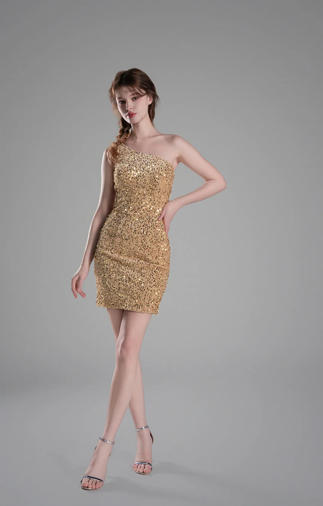 One-Shoulder Fitted Bodice Sequins Dresses