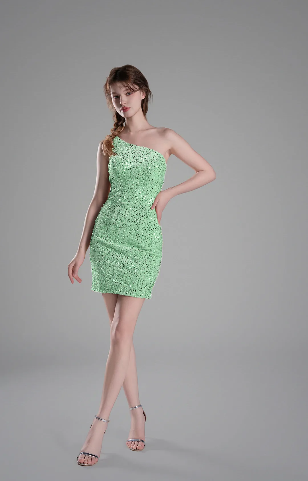 One-Shoulder Fitted Bodice Sequins Dresses