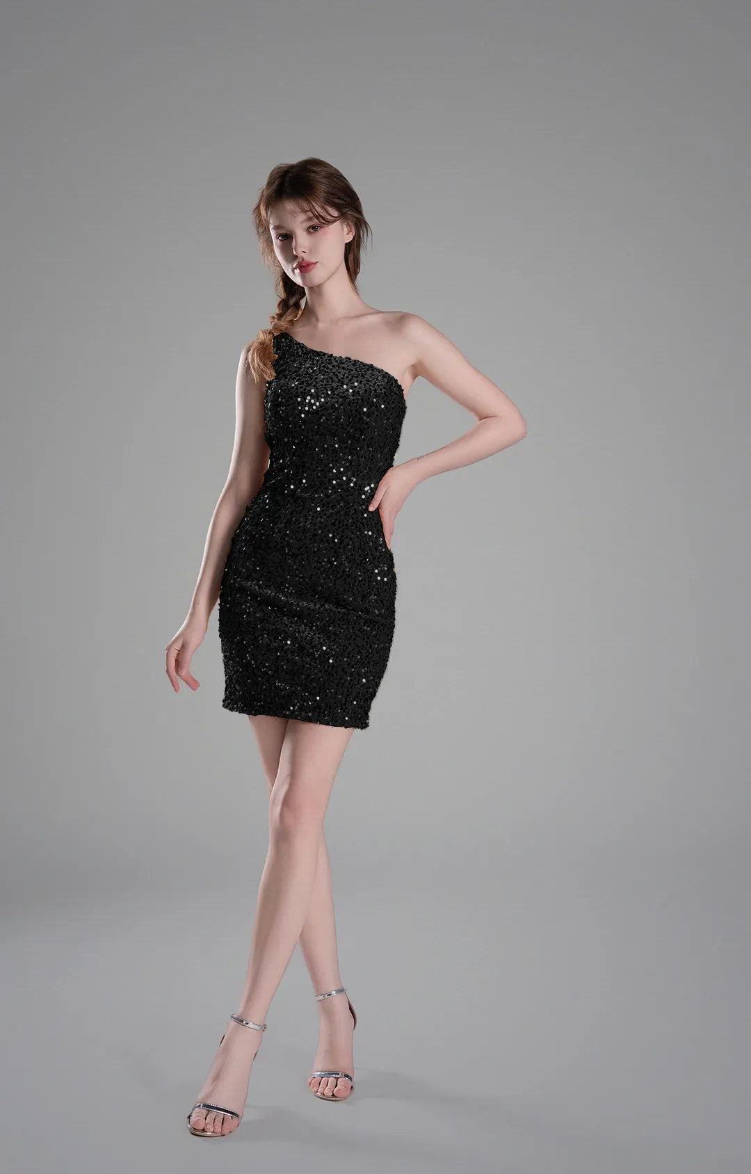 One-Shoulder Fitted Bodice Sequins Dresses