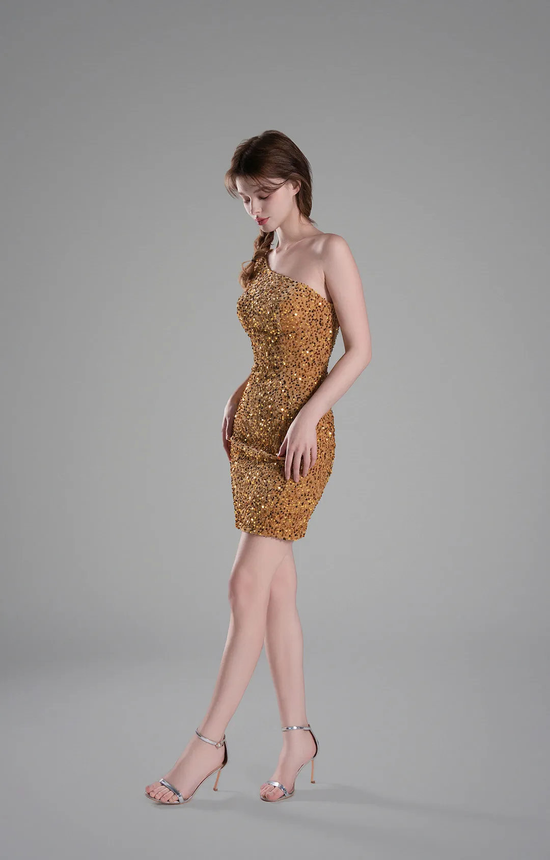 One-Shoulder Fitted Bodice Sequins Dresses