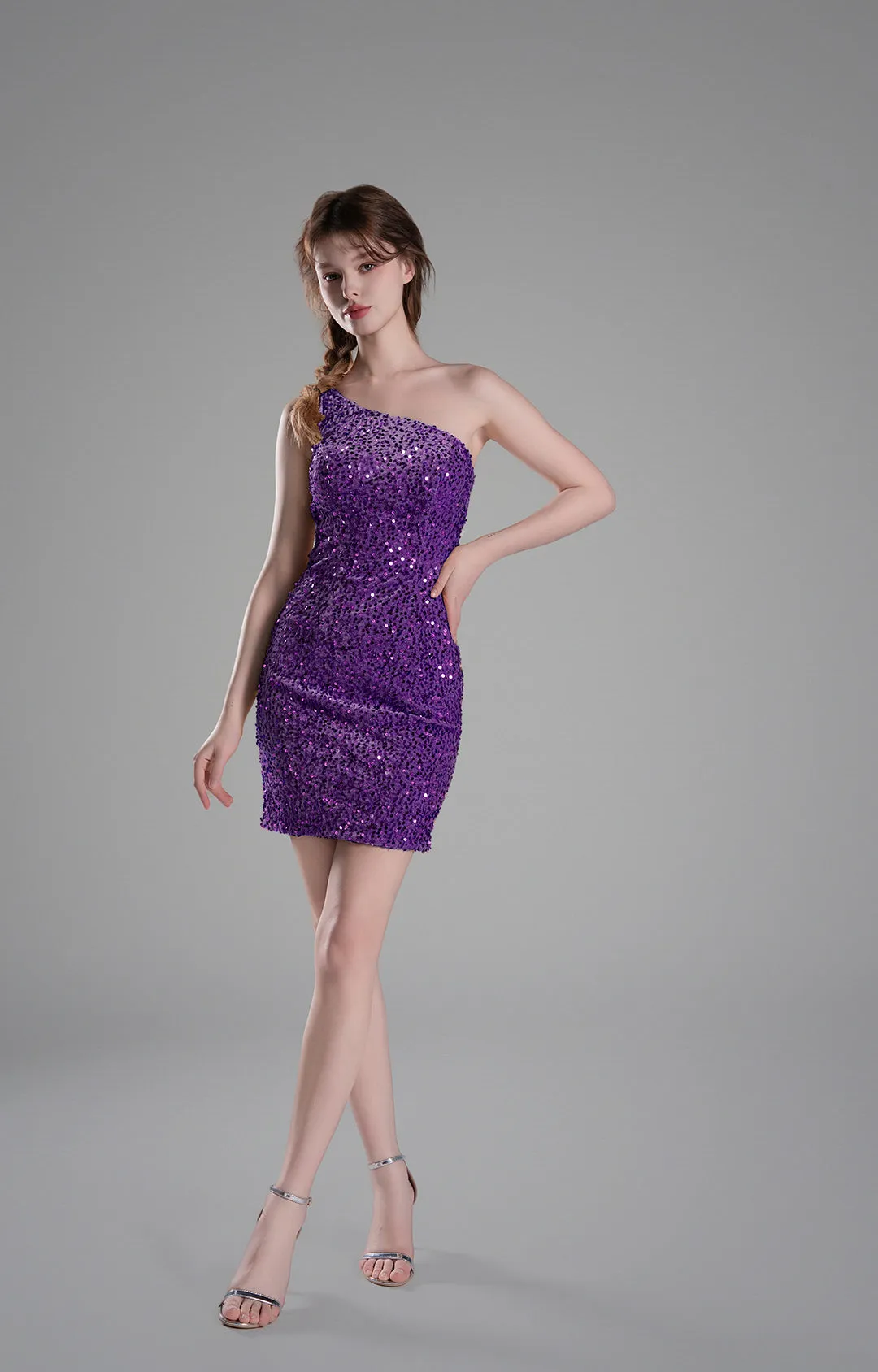 One-Shoulder Fitted Bodice Sequins Dresses