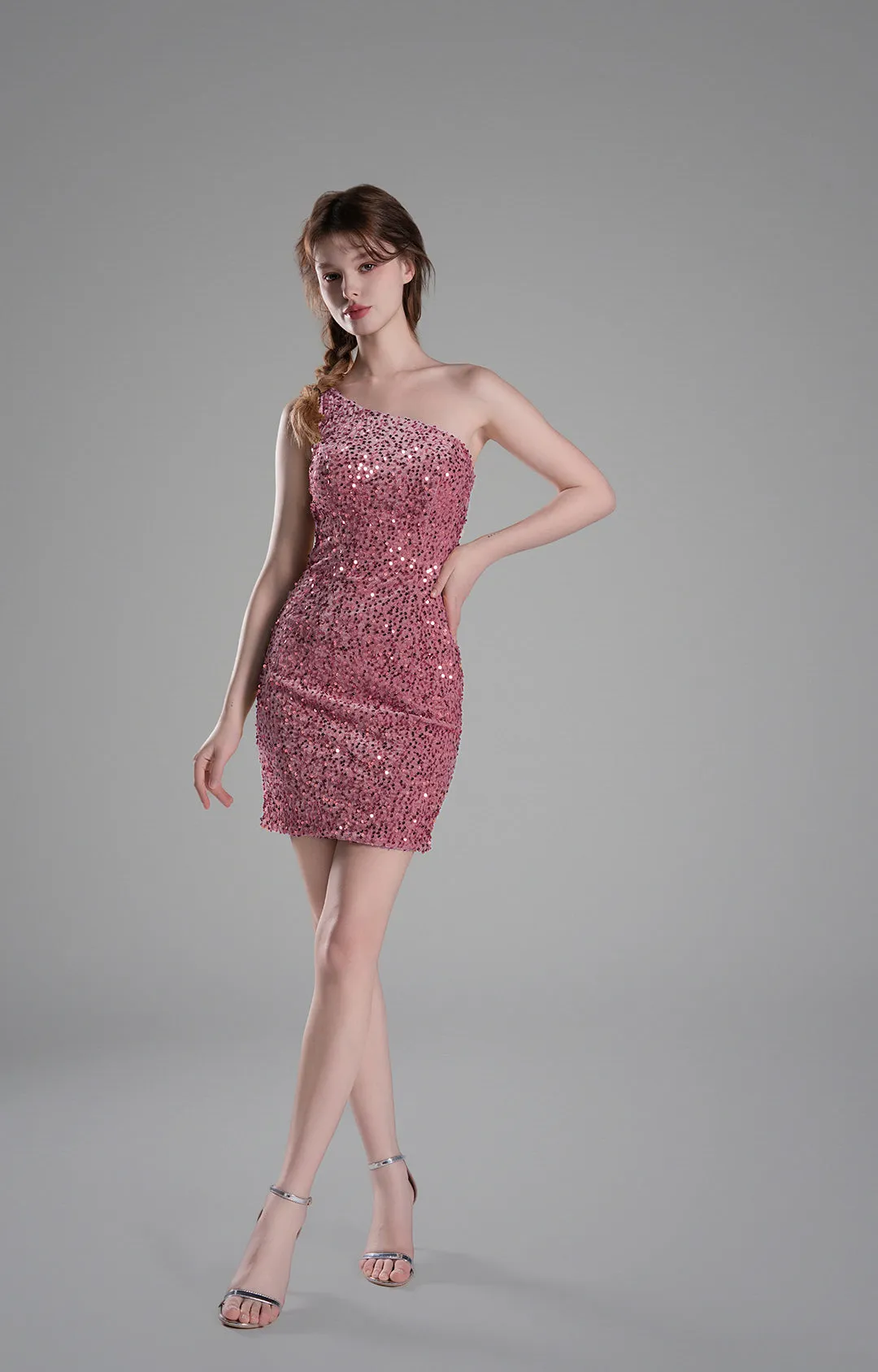 One-Shoulder Fitted Bodice Sequins Dresses