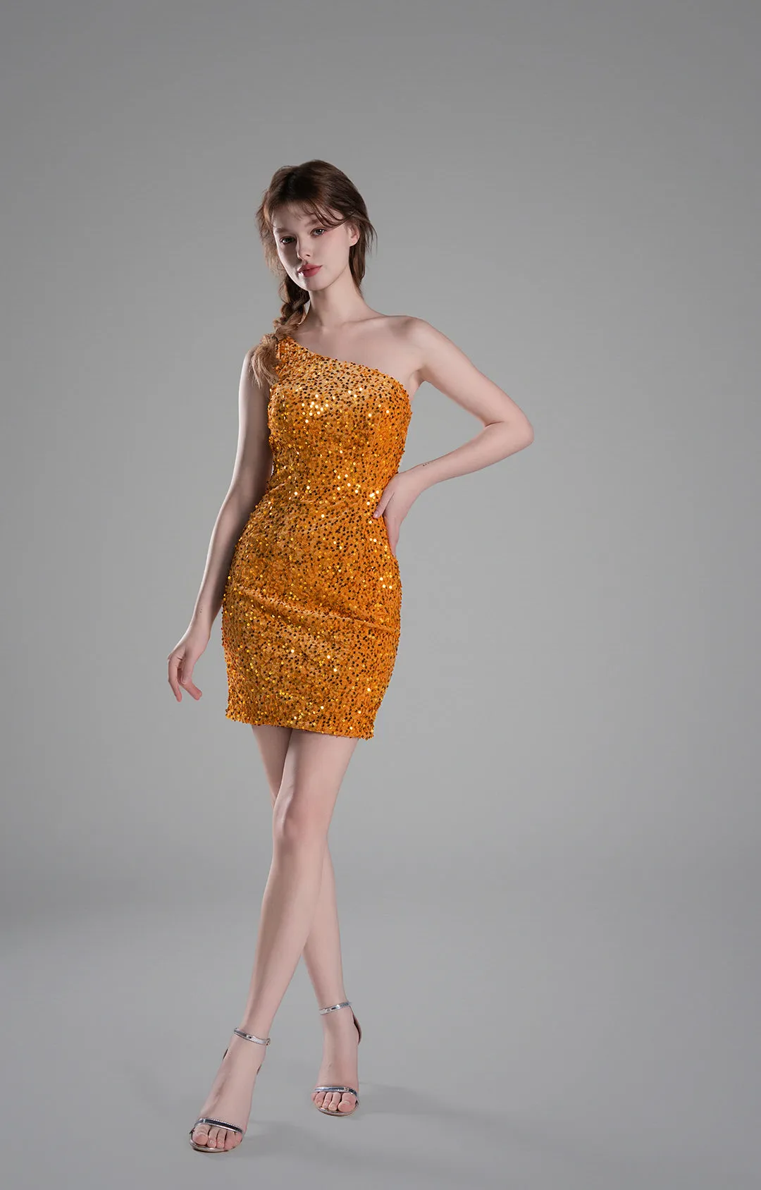 One-Shoulder Fitted Bodice Sequins Dresses