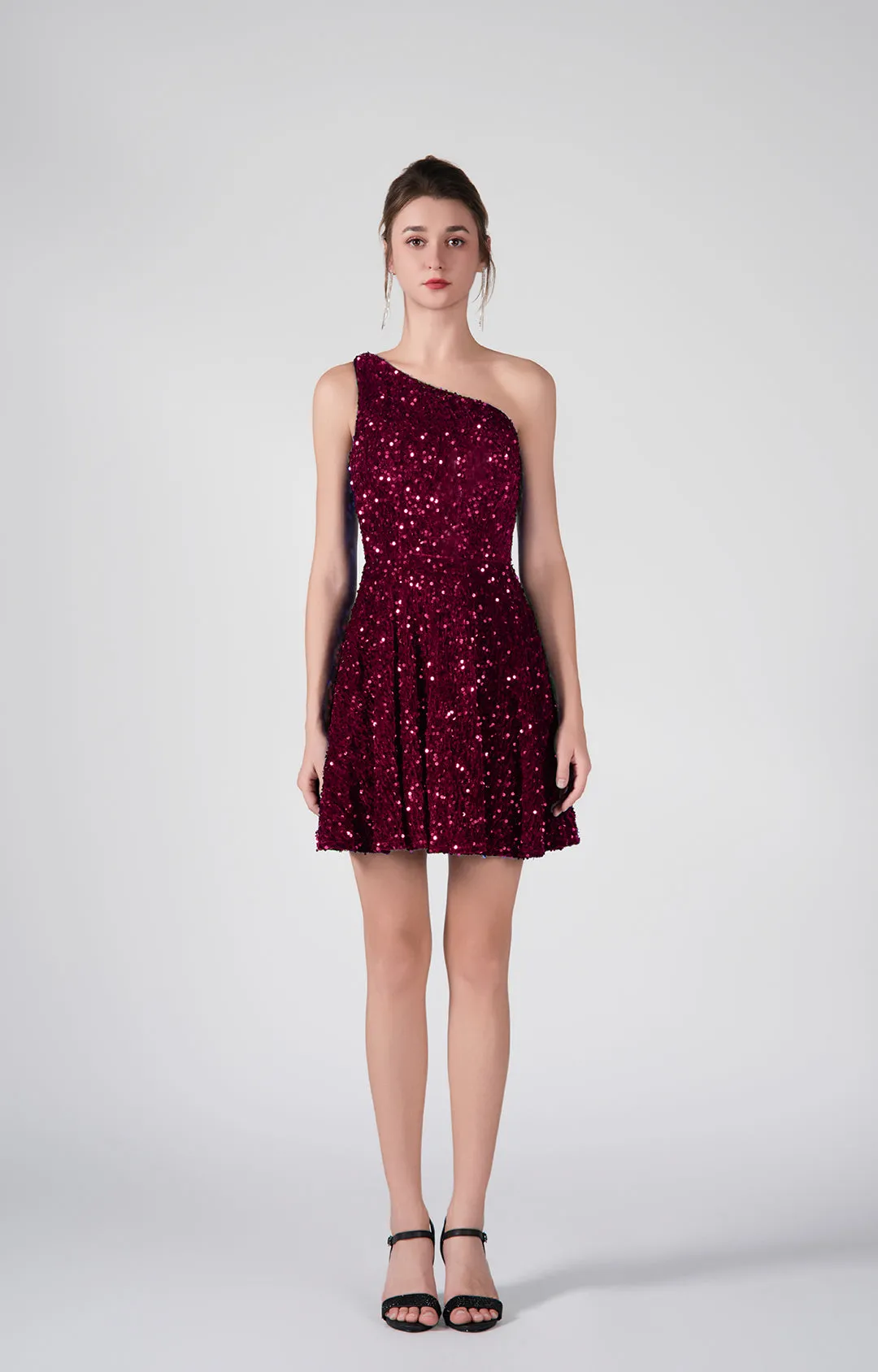 One-Shoulder Sequin Flared Skirt Dresses
