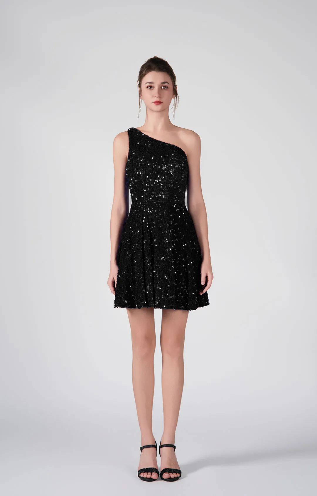 One-Shoulder Sequin Flared Skirt Dresses