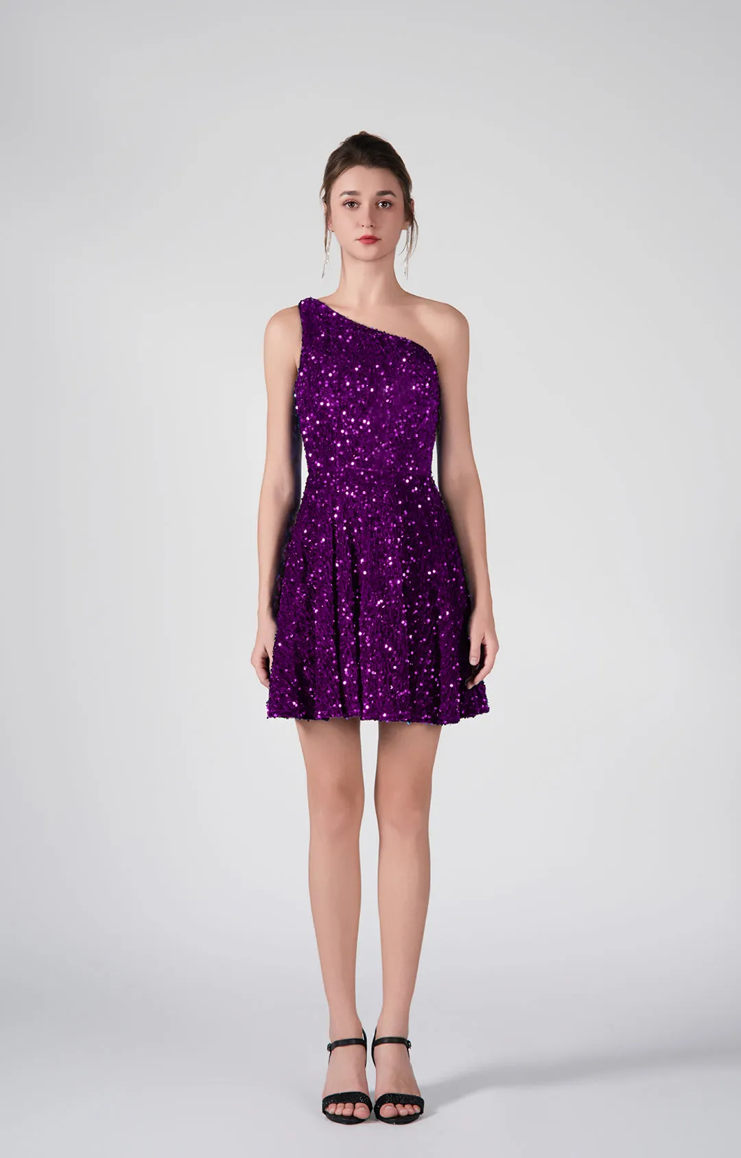 One-Shoulder Sequin Flared Skirt Dresses