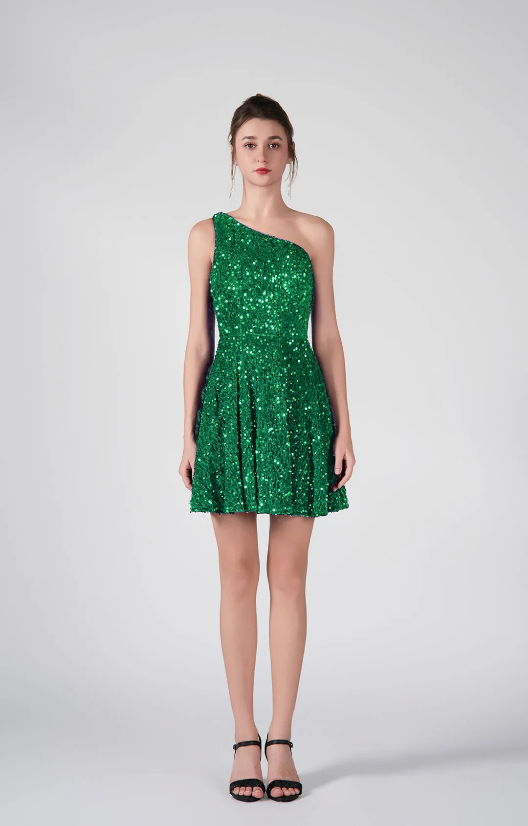One-Shoulder Sequin Flared Skirt Dresses