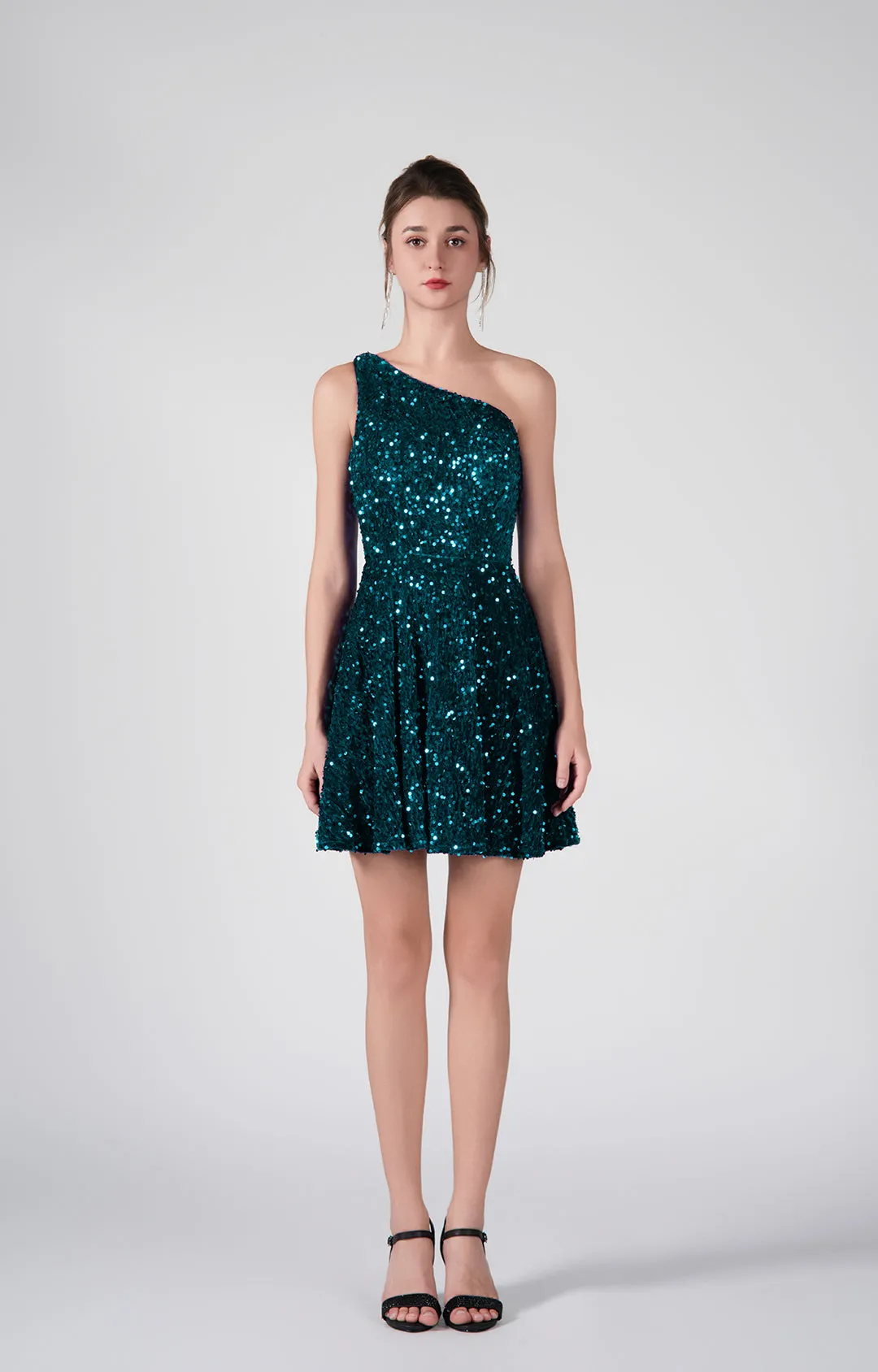 One-Shoulder Sequin Flared Skirt Dresses