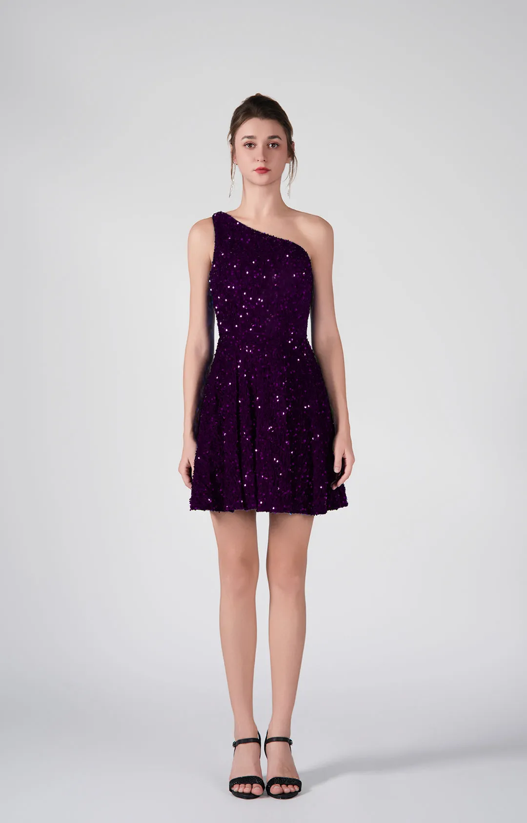 One-Shoulder Sequin Flared Skirt Dresses