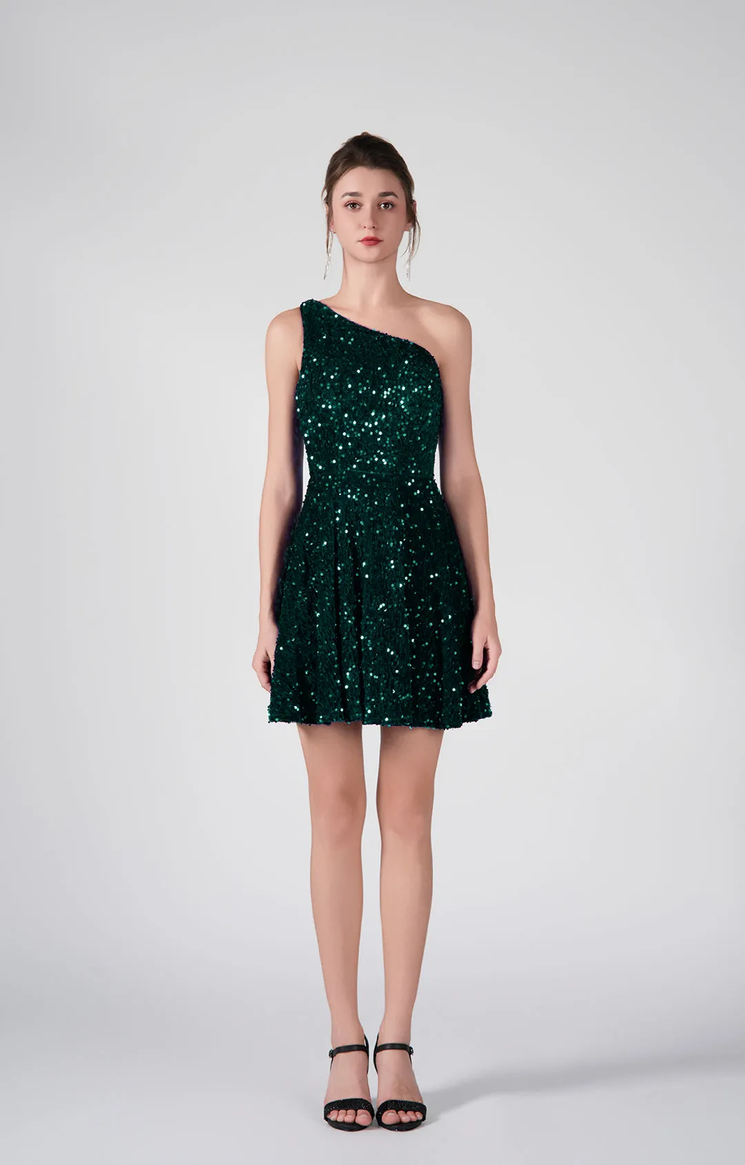 One-Shoulder Sequin Flared Skirt Dresses