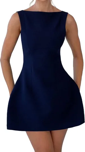 OWIN Womens Summer Casual Boat Neck Sleeveless Elegant Flared A Line Swing Club Cocktail Party Short Mini Dress