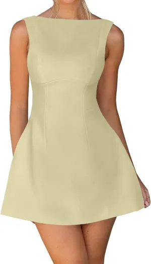 OWIN Womens Summer Casual Boat Neck Sleeveless Elegant Flared A Line Swing Club Cocktail Party Short Mini Dress