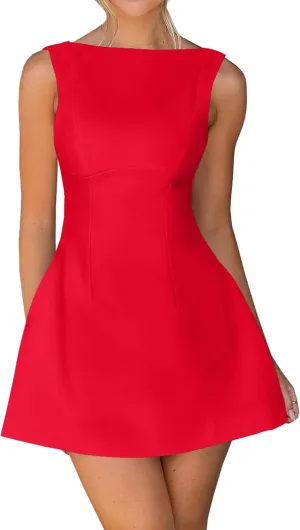 OWIN Womens Summer Casual Boat Neck Sleeveless Elegant Flared A Line Swing Club Cocktail Party Short Mini Dress