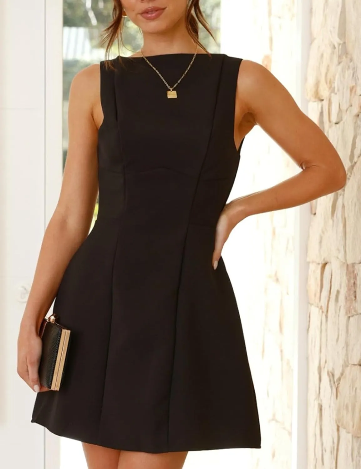 OWIN Womens Summer Casual Boat Neck Sleeveless Elegant Flared A Line Swing Club Cocktail Party Short Mini Dress