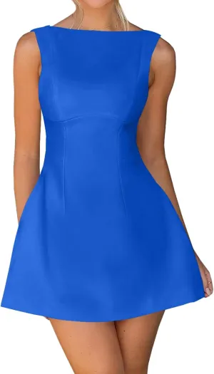 OWIN Womens Summer Casual Boat Neck Sleeveless Elegant Flared A Line Swing Club Cocktail Party Short Mini Dress