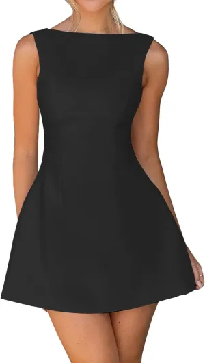 OWIN Womens Summer Casual Boat Neck Sleeveless Elegant Flared A Line Swing Club Cocktail Party Short Mini Dress