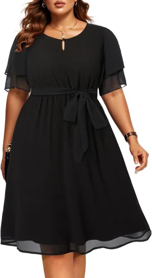 Pinup Fashion Plus Size Little Black Dresses Women Wedding Guest Funeral Chiffon Cocktail Semi Formal Elegant Party Flowy Midi Dress