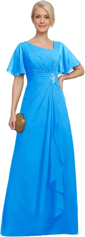 Plus Size Chiffon Mother of The Bride Dress Ruffles Beaded Short Sleeves Formal Evening Dresses for Wedding ZX90